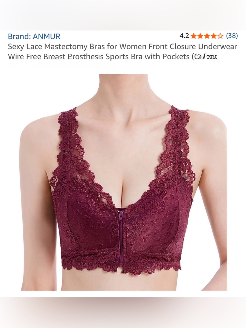Lace Front-Zip Mastectomy Bra in Burgundy
